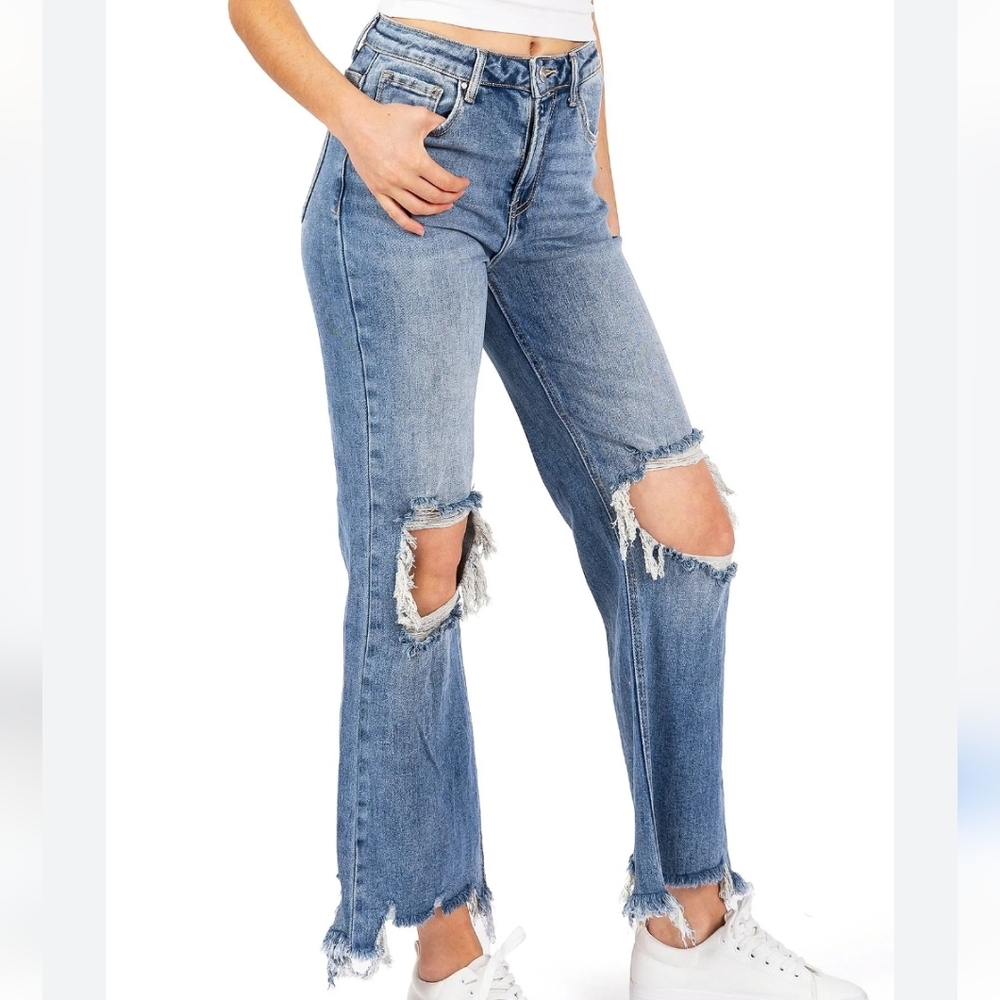 Distressed Straight-Leg Blue Jeans for Women